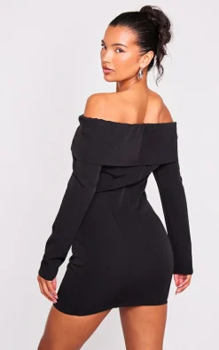Black Off Shoulder Button Front Shift Blazer Dress