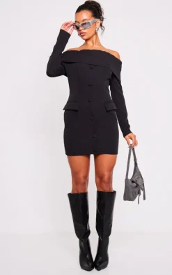 Black Off Shoulder Button Front Shift Blazer Dress