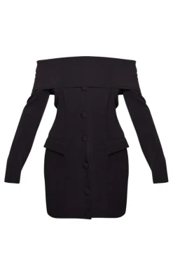 Black Off Shoulder Button Front Shift Blazer Dress