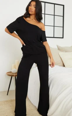 Black Off The Shoulder Top & Bottoms PJ Set