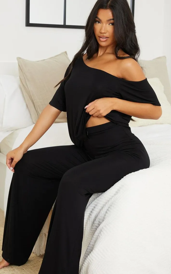 Black Off The Shoulder Top & Bottoms PJ Set