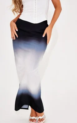 Black Ombre Print Satin Mid Rise Maxi Skirt