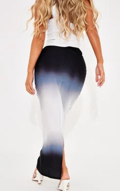 Black Ombre Print Satin Mid Rise Maxi Skirt