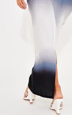 Black Ombre Print Satin Mid Rise Maxi Skirt