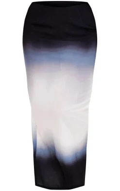 Black Ombre Print Satin Mid Rise Maxi Skirt