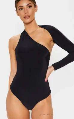 Black One Shoulder Asymmetric Bodysuit