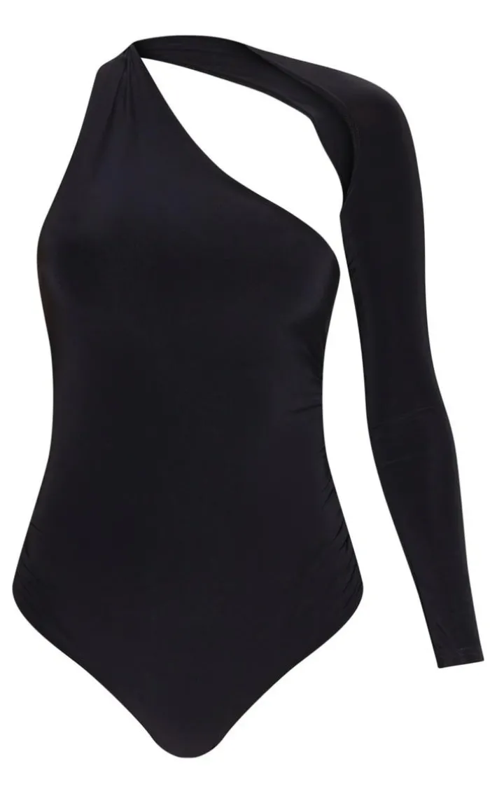 Black One Shoulder Asymmetric Bodysuit