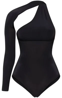 Black One Shoulder Asymmetric Bodysuit