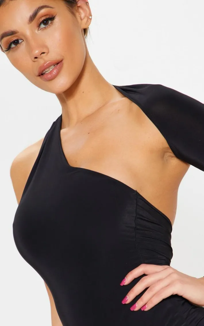 Black One Shoulder Asymmetric Bodysuit