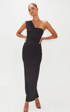 Black One Shoulder Fitted Maxi Dress