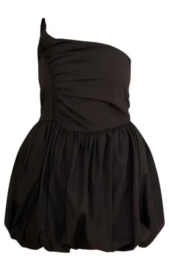 Black One Shoulder Ruched Puff Ball Dress