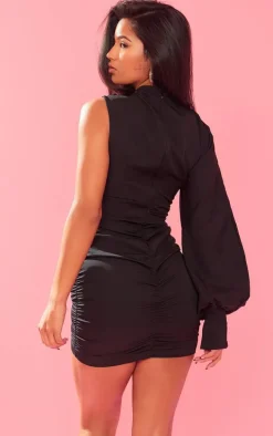Black One Sleeve Ruched Woven Bodycon Dress