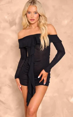 Black Onion Skin Frill Detail Bodycon Dress