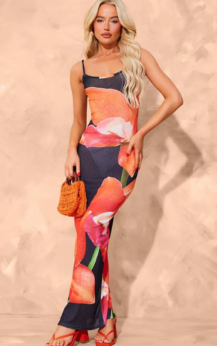 Black Onion Skin Orchid Print Maxi Dress