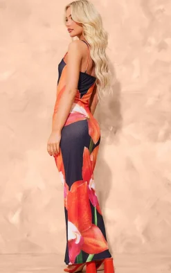Black Onion Skin Orchid Print Maxi Dress