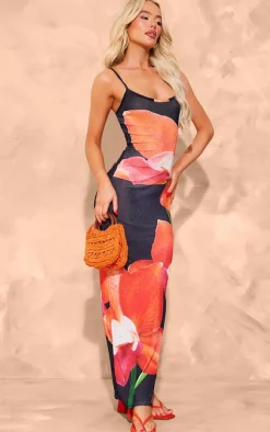 Black Onion Skin Orchid Print Maxi Dress