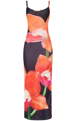 Black Onion Skin Orchid Print Maxi Dress