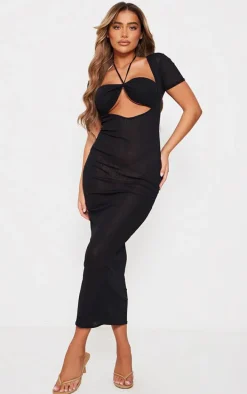 Black Onion Skin Sheer Cup Detail Short Sleeve Maxi Dress