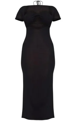 Black Onion Skin Sheer Cup Detail Short Sleeve Maxi Dress