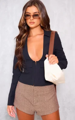 Black Open Back Plunge Cargo Shirt