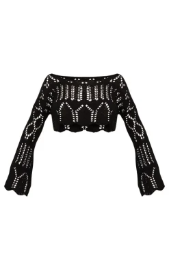 Black Open Crochet Knit Slouchy Flared Sleeve Sweater