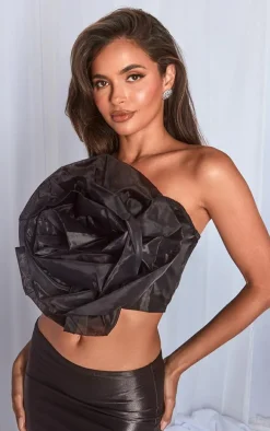 Black Organza Flower Applique Bandeau Top