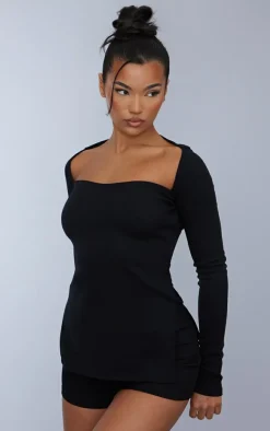 Black Ottoman Ribbed Long Sleeve Top