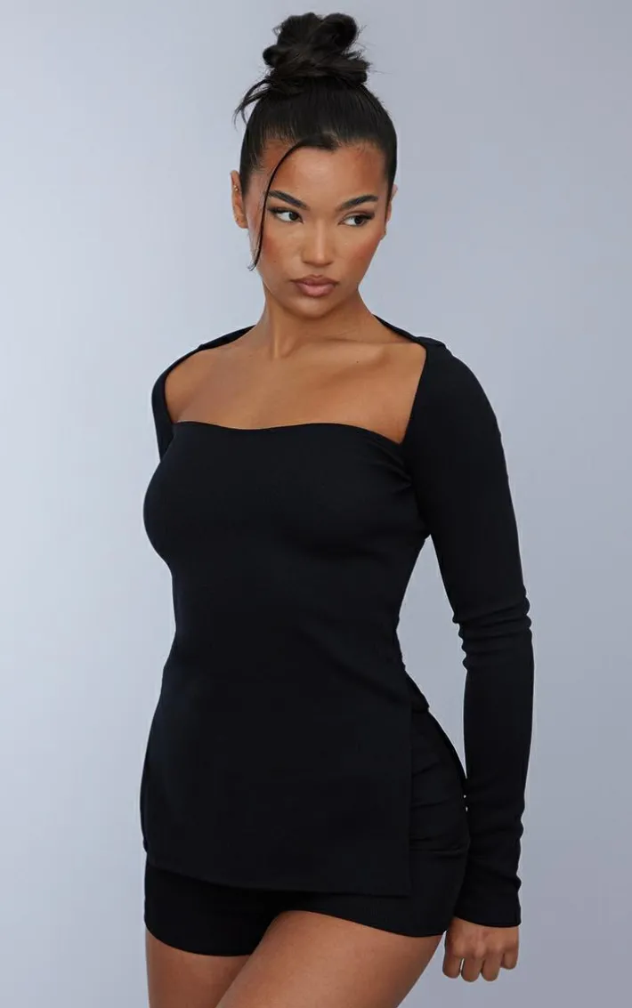 Black Ottoman Ribbed Long Sleeve Top