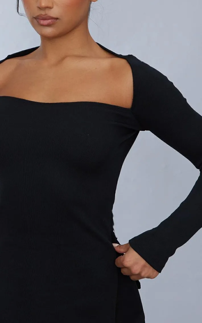 Black Ottoman Ribbed Long Sleeve Top