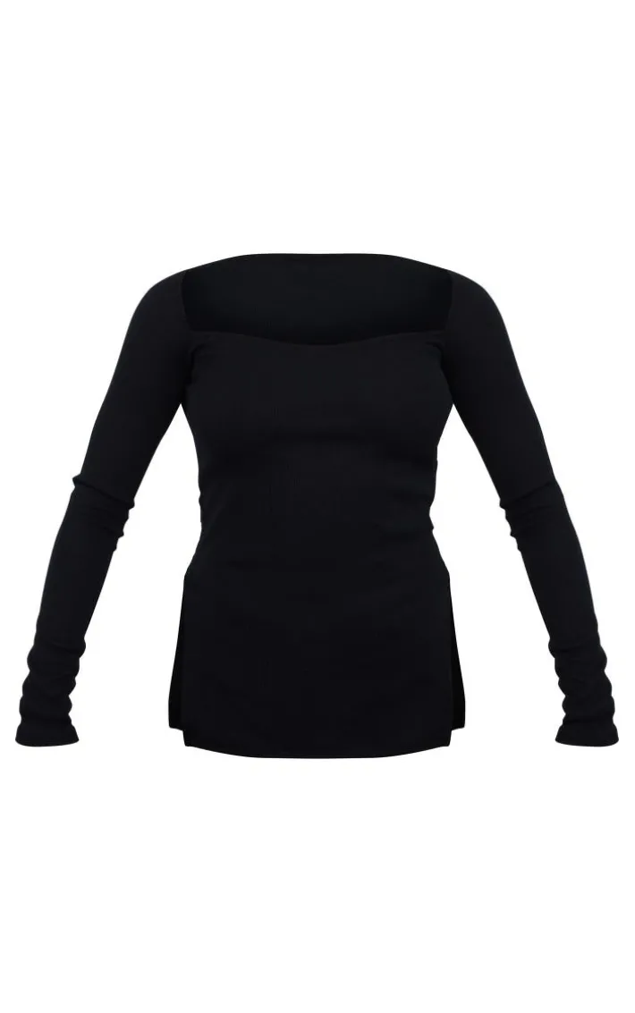 Black Ottoman Ribbed Long Sleeve Top