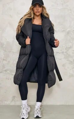 Black Oversized Collar Belted Longline Puffer