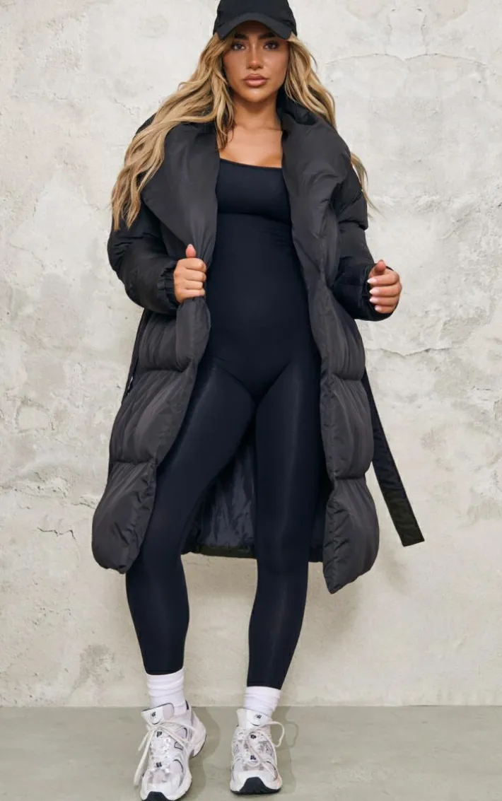 Black Oversized Collar Belted Longline Puffer
