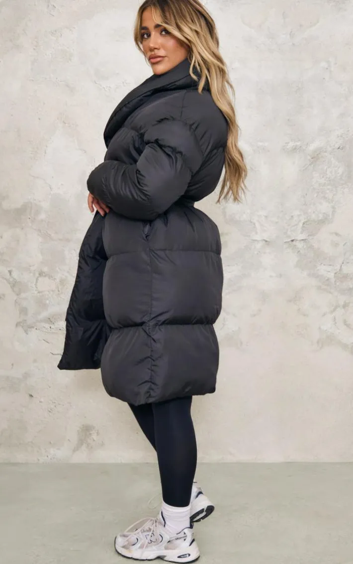 Black Oversized Collar Belted Longline Puffer