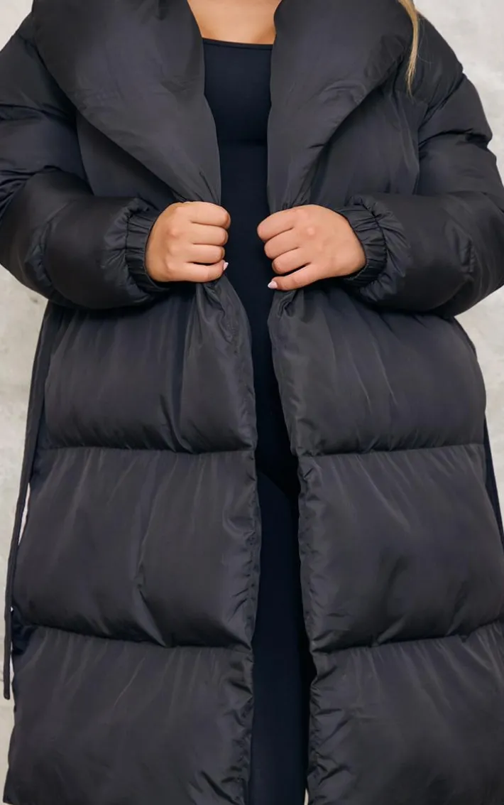 Black Oversized Collar Belted Longline Puffer