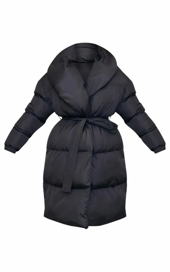 Black Oversized Collar Belted Longline Puffer