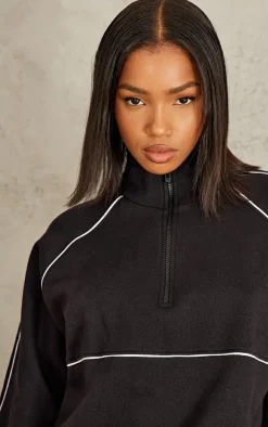 Black Oversized Contrast Piping Quarter Zip Sweatshirt