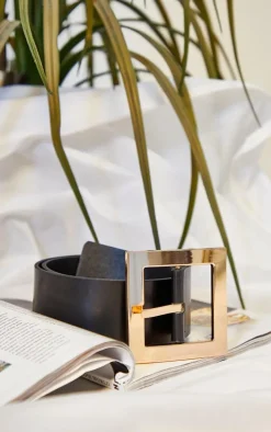 Black Oversized Gold Buckle Chunky Waist Belt