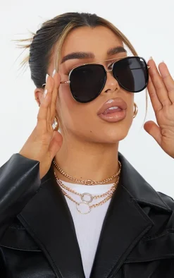 Black Oversized Gold Detail Aviator Sunglasses