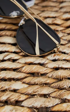 Black Oversized Gold Detail Aviator Sunglasses