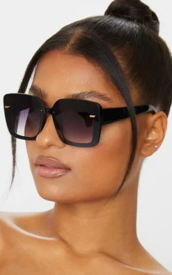 Black Oversized Gold Trim Square Frame Sunglasses
