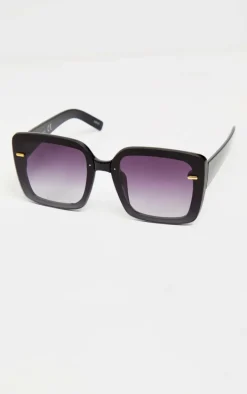Black Oversized Gold Trim Square Frame Sunglasses
