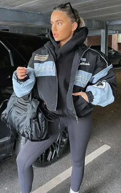 Black Oversized Graphic Zipped Racer Bomber Jacket
