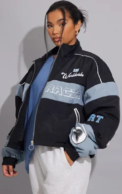 Black Oversized Graphic Zipped Racer Bomber Jacket