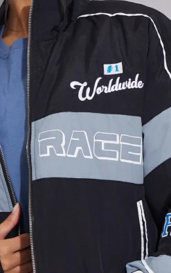 Black Oversized Graphic Zipped Racer Bomber Jacket