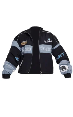Black Oversized Graphic Zipped Racer Bomber Jacket