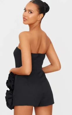 Black Oversized Rose Detail Bandeau Skort Romper