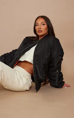 Black Oversized Ruched Sleeve Contrast Lining Bomber Jacket