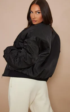 Black Oversized Ruched Sleeve Contrast Lining Bomber Jacket