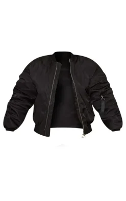 Black Oversized Ruched Sleeve Contrast Lining Bomber Jacket