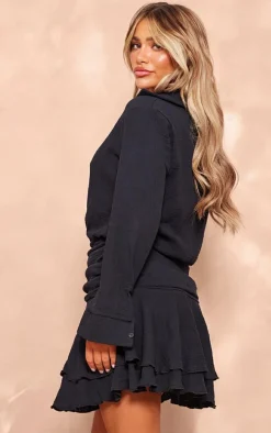 Black Oversized Shirt Frill Detail Shift Dress